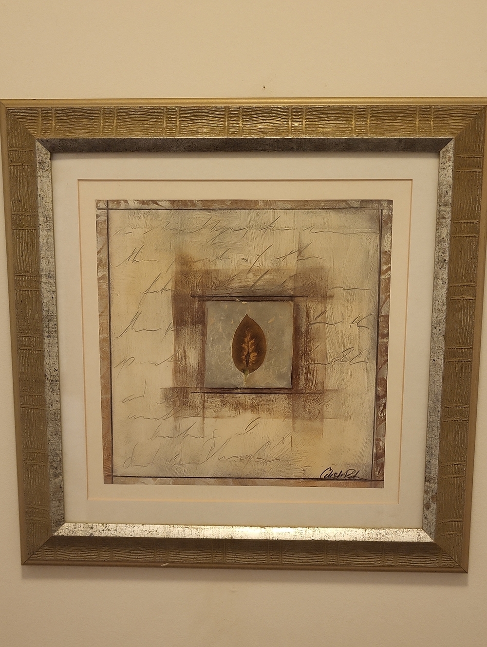 Framed Leaf Accent Art in Gold and Cream - Home Art leaf picture framed 15.75" x
